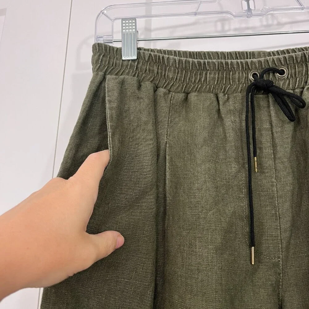 Reformation Juliette Hogan Size 8 Green Linen Cropped Wide Leg Pants